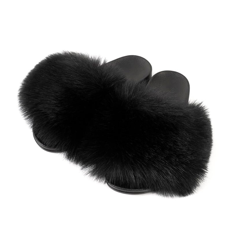 FUNKYMONKEY Women's Slides Faux Fur Cute Slip On Fuzzy Slippers Comfort Flat Sandals (9 M US, New Black) - Image 1
